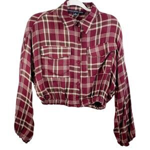 HyFve Cropped Plaid Top Burgundy Red Rayon Shirt Button Up Womens Medium